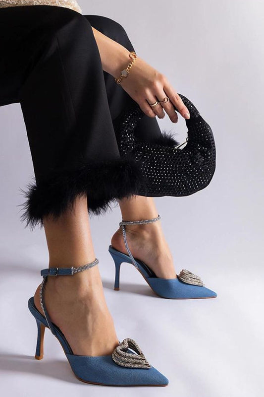 Blauwe open hiel pumps met zirkonia en 7 cm hak van Sassymania – elegante zomerschoenen voor dames