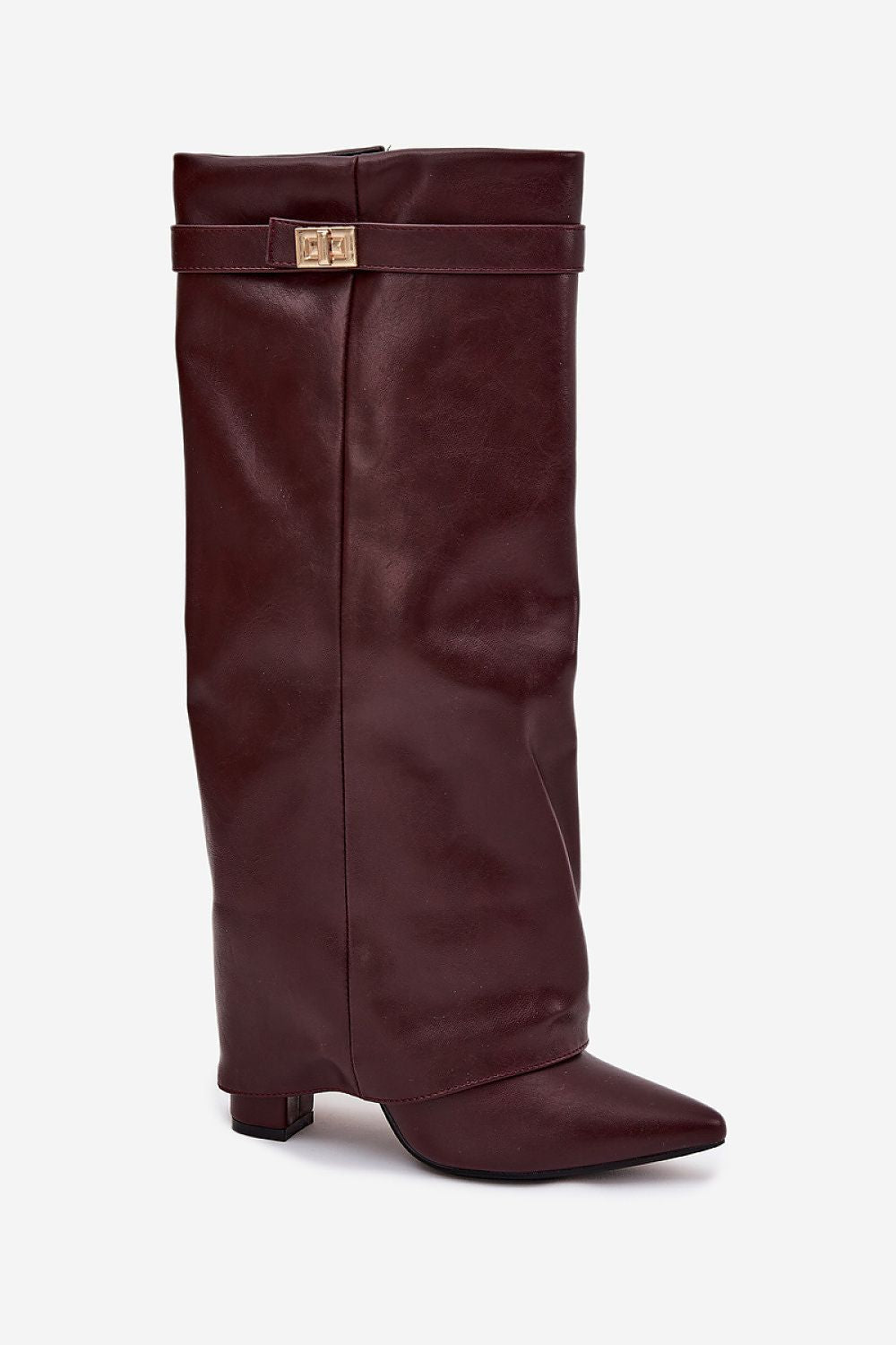 Bordeauxrode dameslaarzen van imitatieleer met omgeslagen schacht, goudkleurig detail en spitse neus – stijlvolle laarzen met blokhak voor elegante outfits.