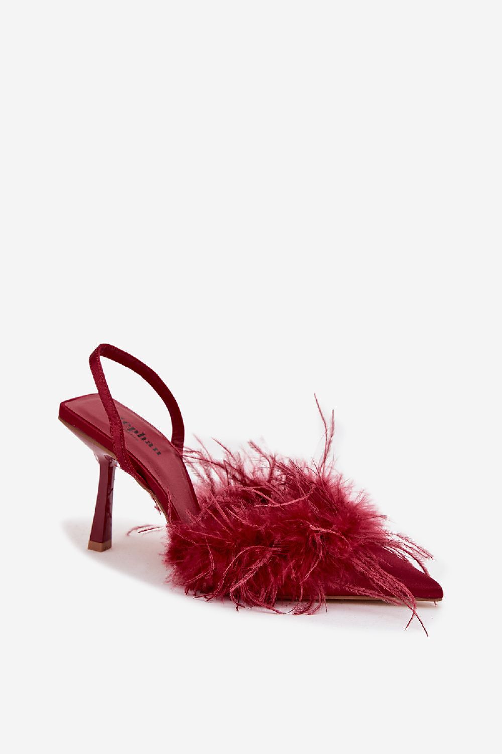 Bordeauxrode open hiel pumps met veren en 8,5 cm hak van Sassymania – elegante dameshakken met puntige neus