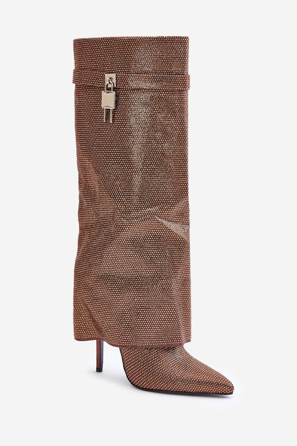 Glamoureuze bronzen laarzen met strassteentjes, omgeslagen schacht en puntige neus op een hoge naaldhak – luxe dameslaarzen die elke feestelijke outfit laten schitteren.