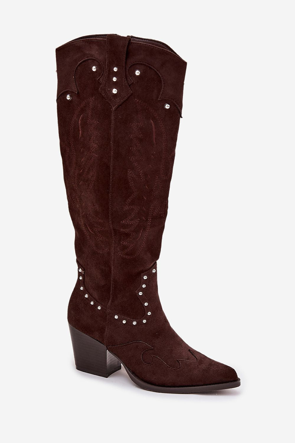 Laarzen met hoge hakken model 219860 Bruine suède cowboylaarzen met studs en stiksels van Sassymania – stijlvolle western laarzen voor dames