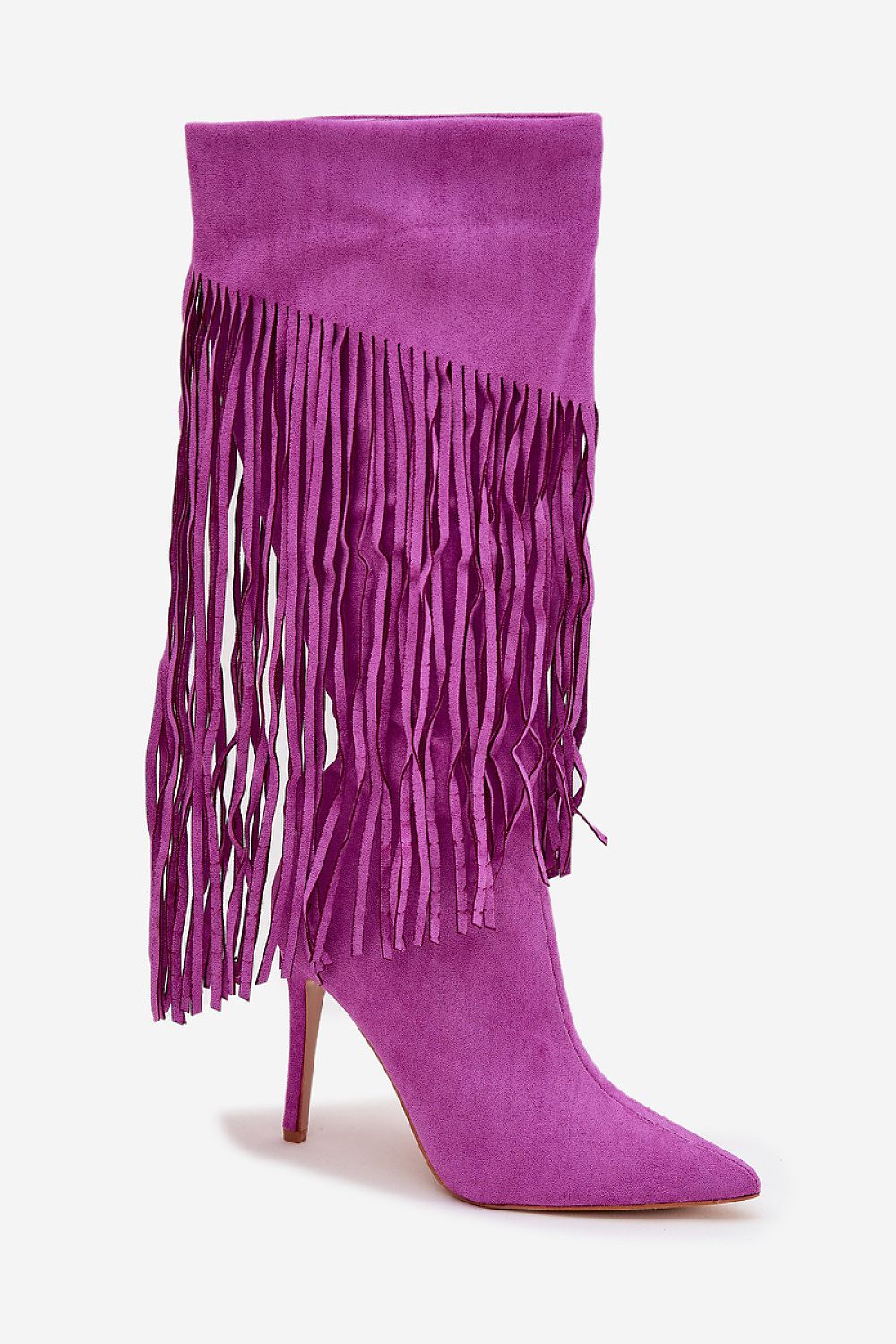 Fuchsia dameslaarzen van imitatiesuède met franjes en slanke hak – elegante boho laarzen met spitse neus.
