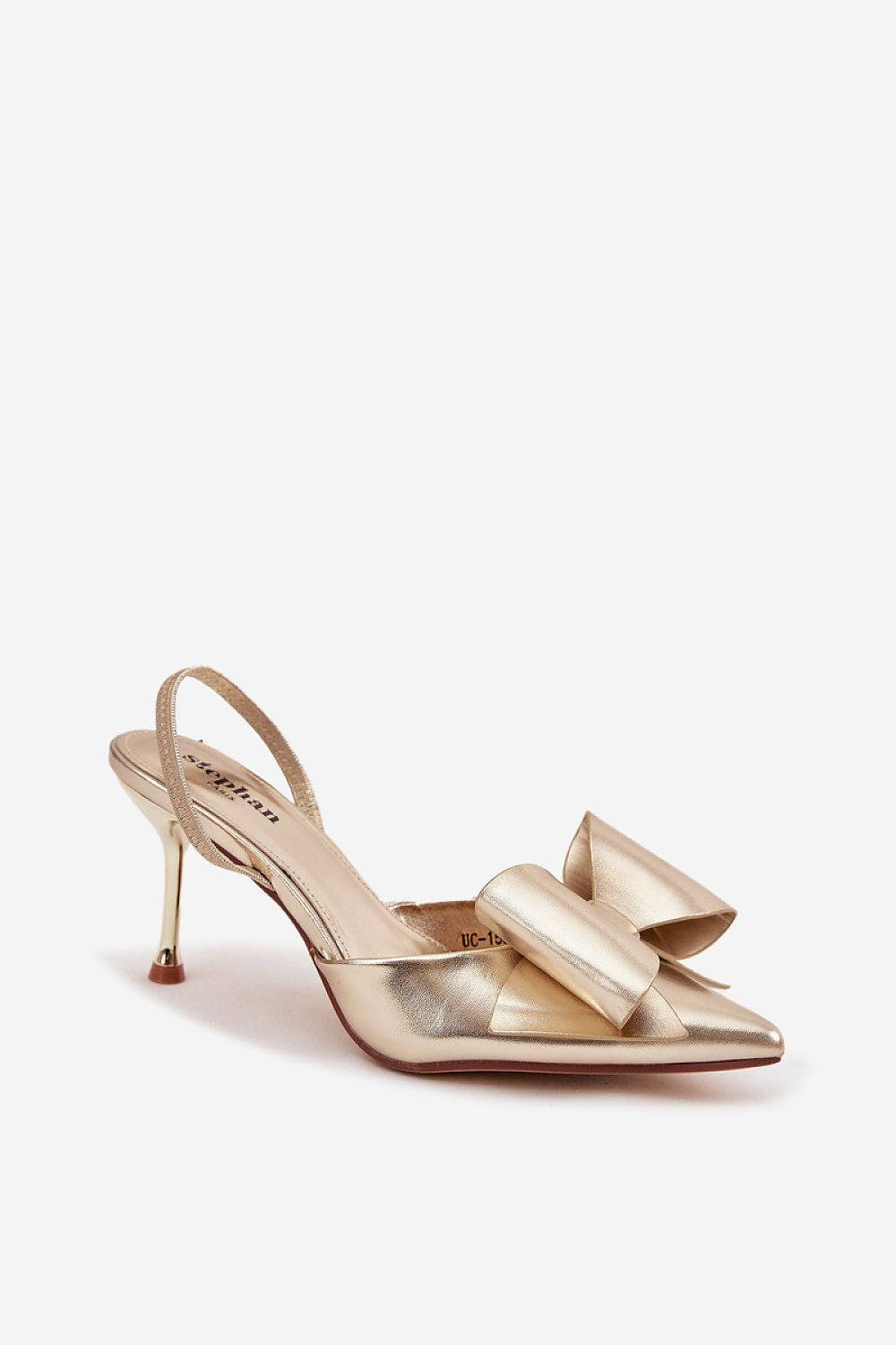 Gouden open hiel pumps met strik en 8 cm hak van Sassymania – elegante hakken voor dames