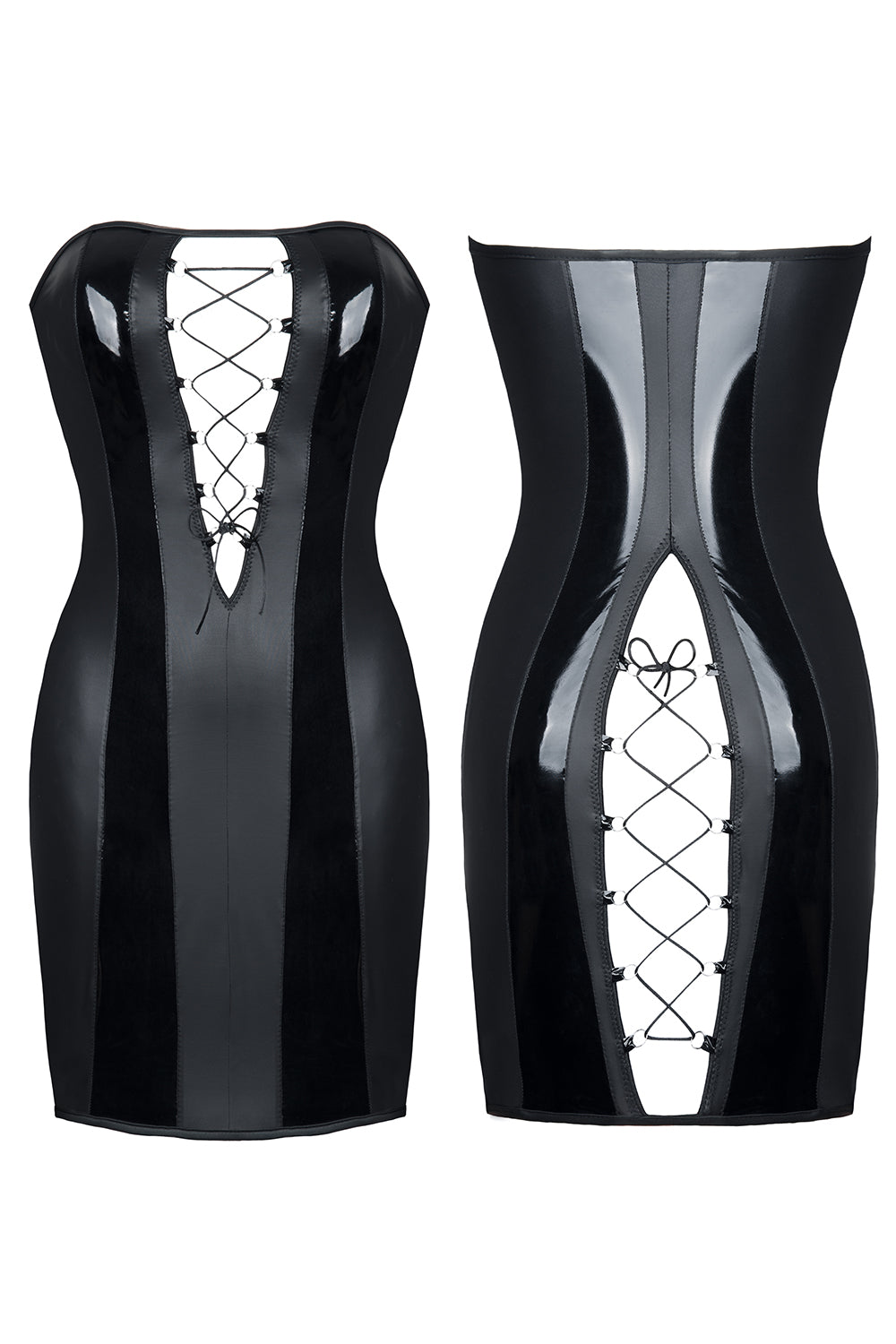 Kinky eco-leather strapless mini dress with lace-up closure