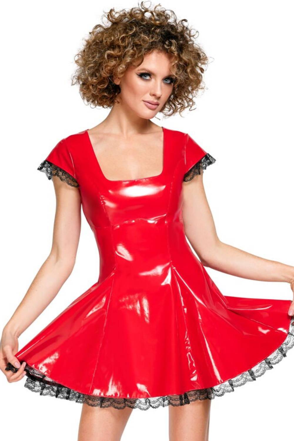 Rotes Lackleder-Minikleid mit Spitze