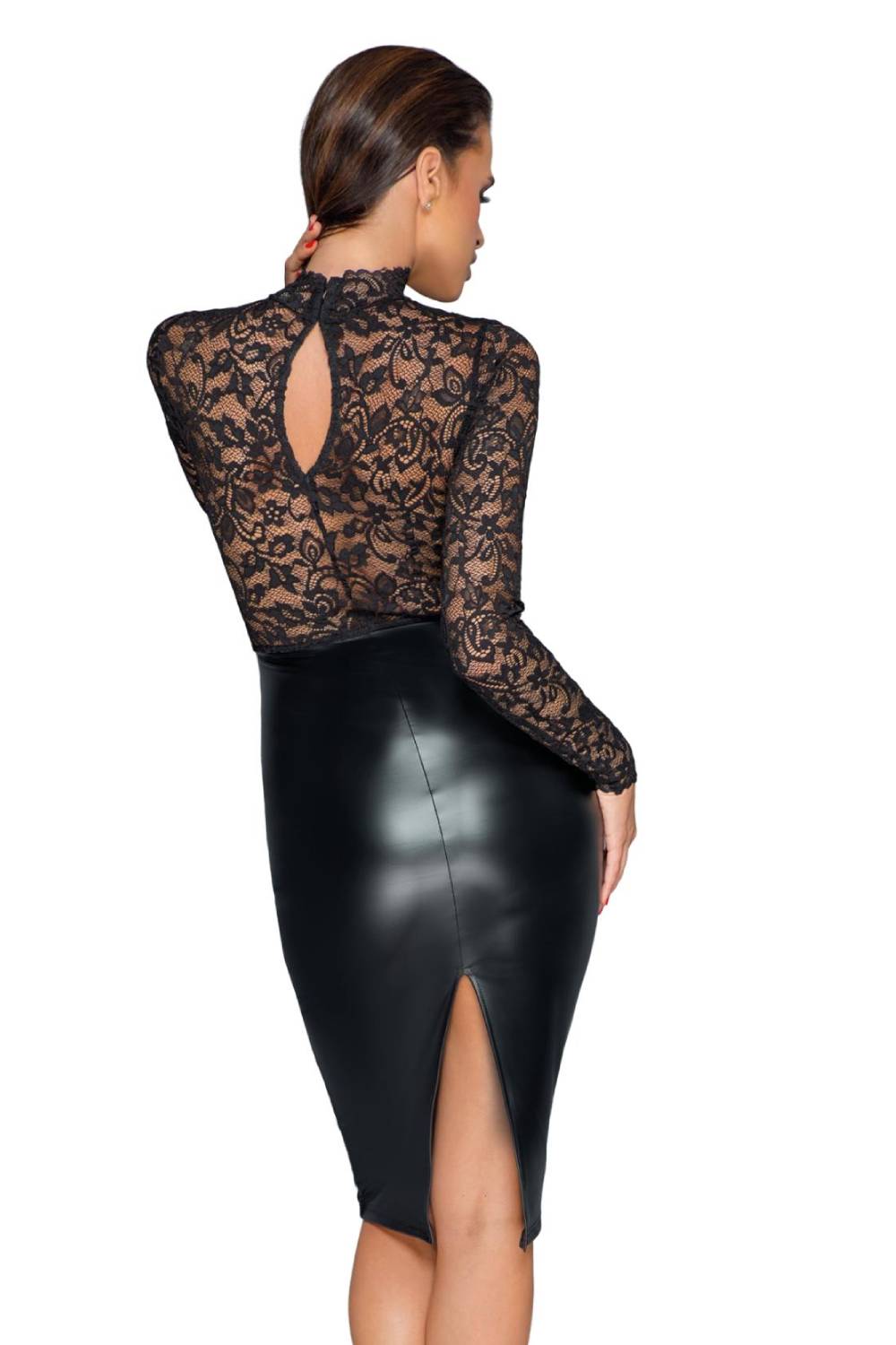Miss Behaved midi dress in wetlook and lace