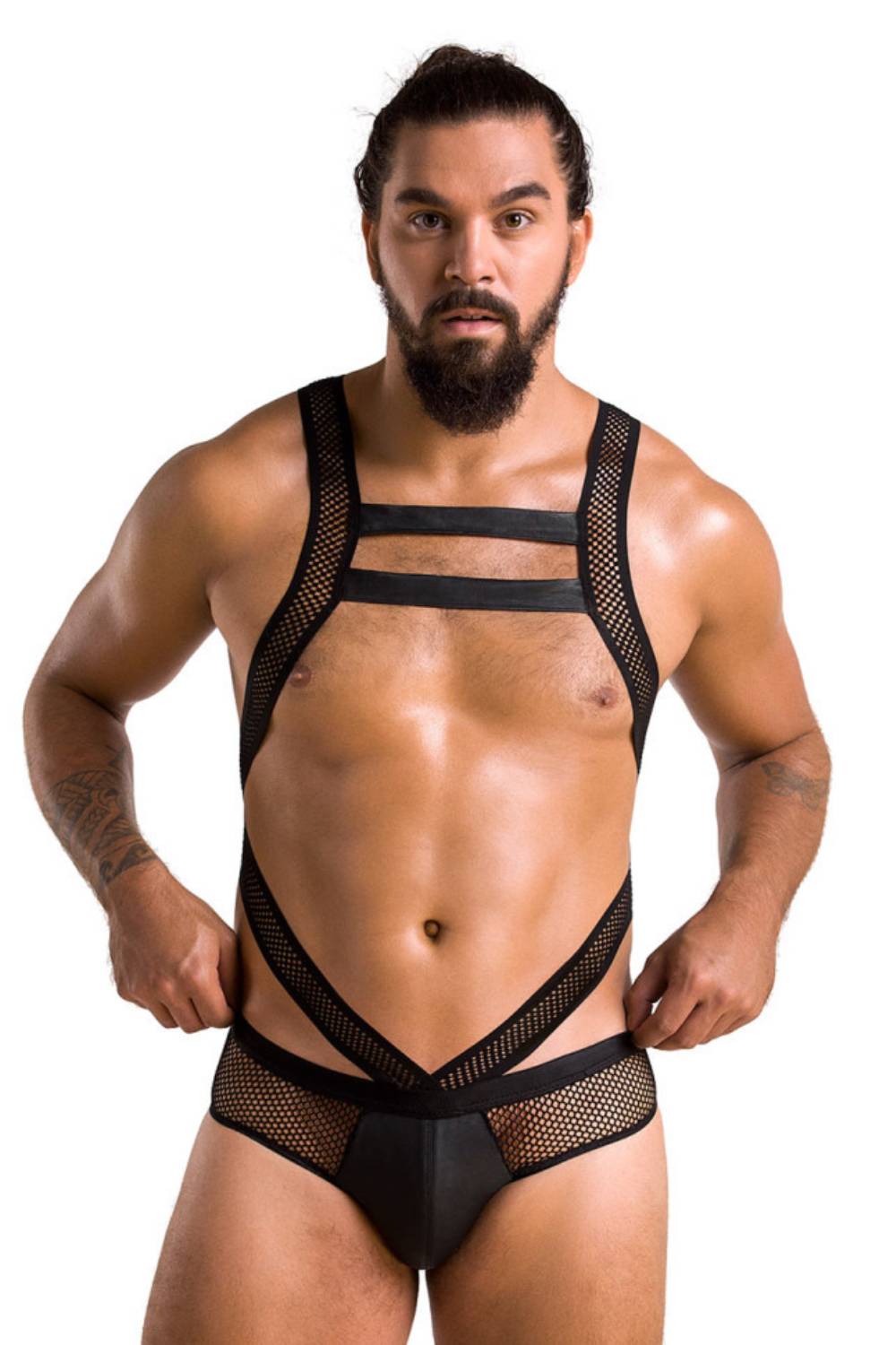 Herren-Bodysuit aus Netzstoff und Lederoptik