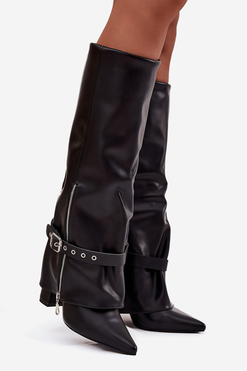 Zwarte dameslaarzen van imitatieleer met rits en riem – elegante Noir Riemlaarzen met spitse neus en hak.
