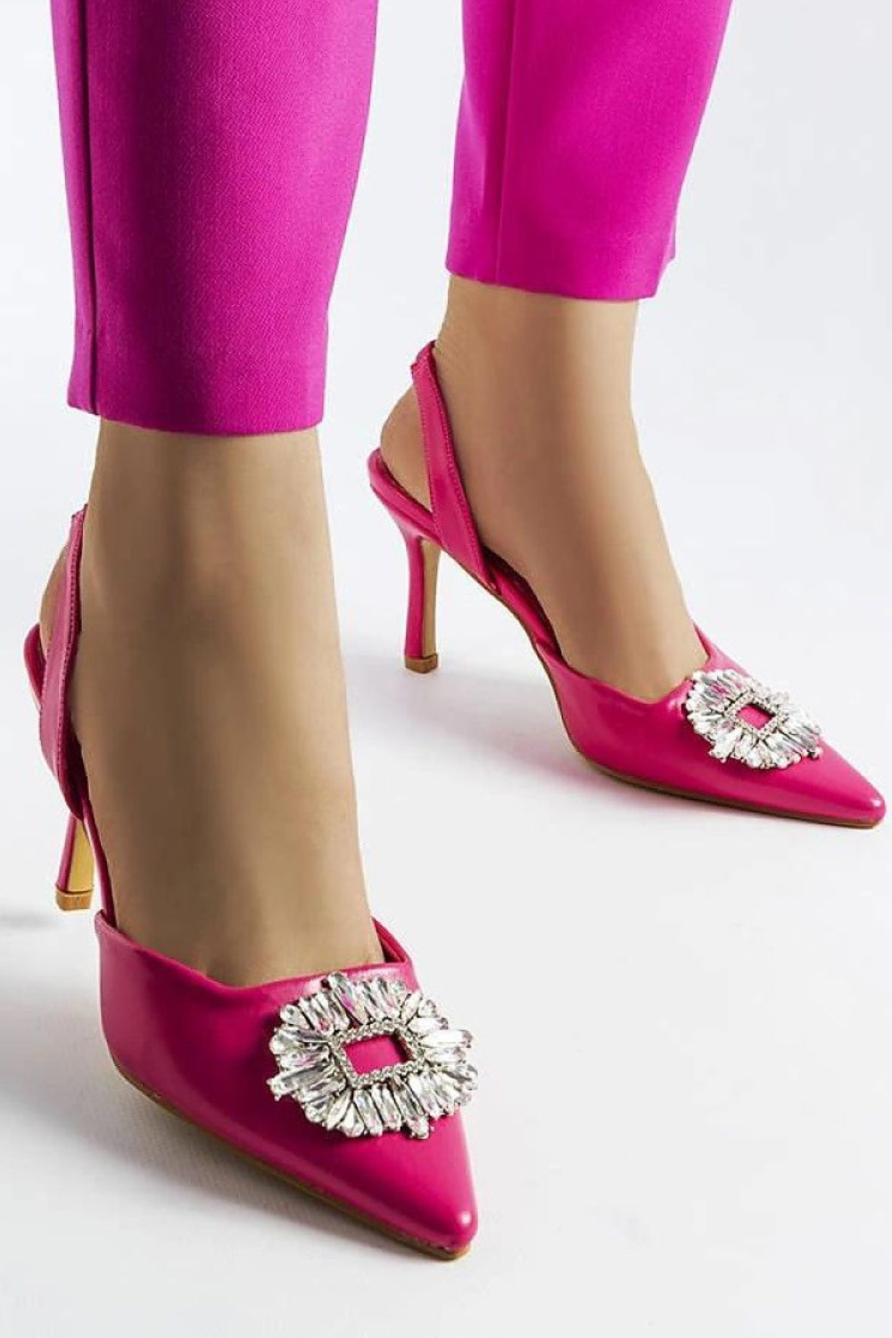 Roze hakken met zirkonia en 9 cm hak van Sassymania – elegante eco-leren hakken voor dames