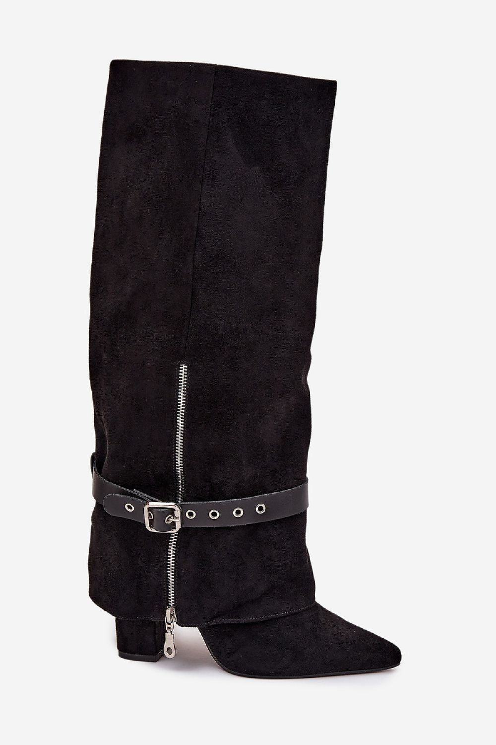 Zwarte dameslaarzen van imitatie-suède met riem, rits en blokhak – elegante hoge laarzen met puntige neus.