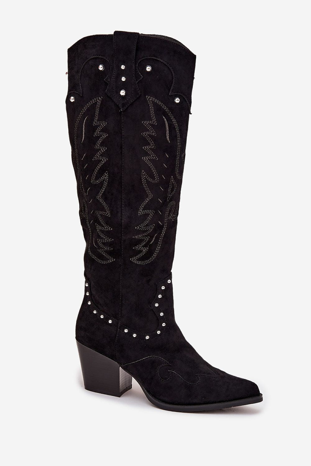 Zwarte suède cowboylaarzen met studs en stiksels van Sassymania – trendy western laarzen voor dames