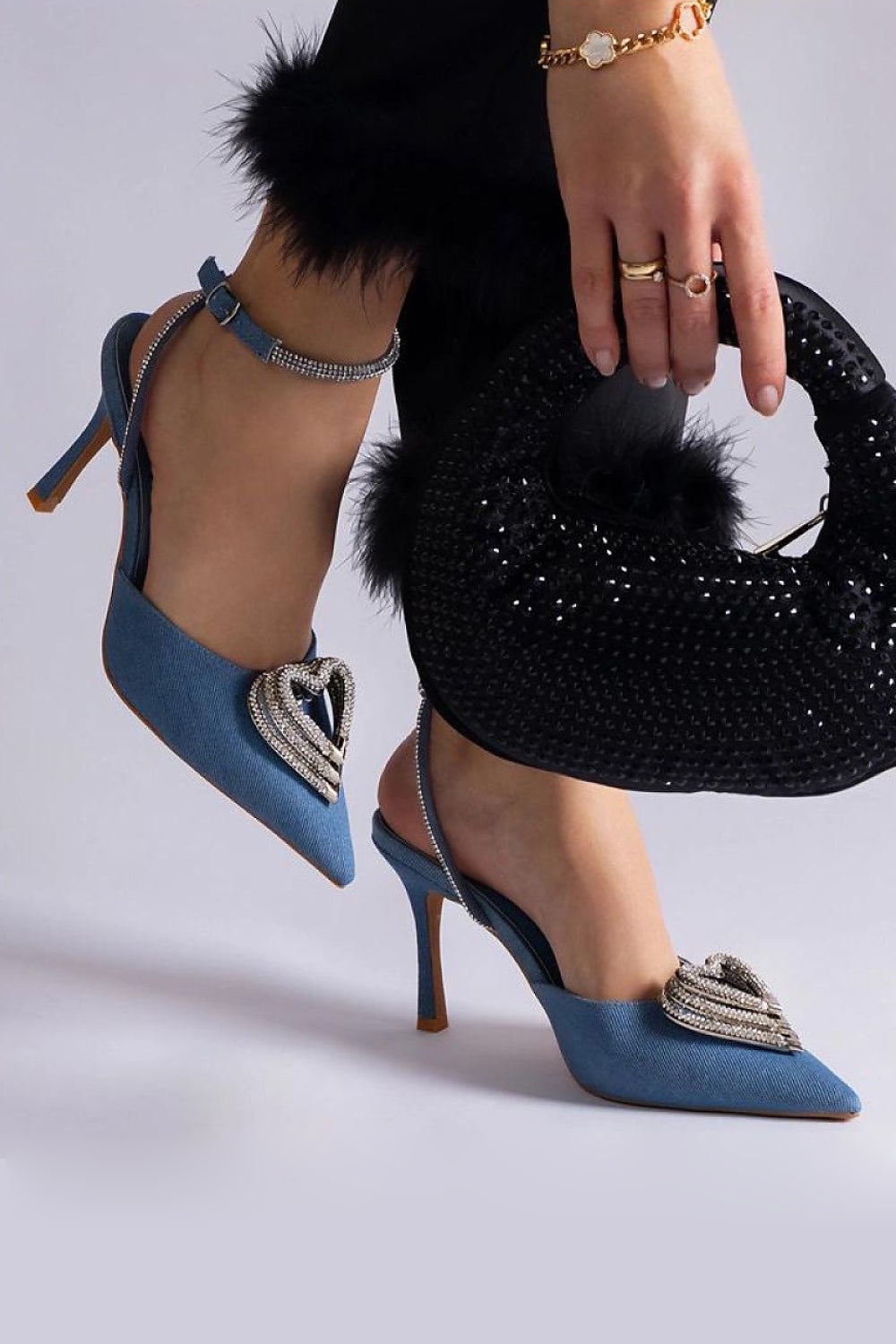 Blauwe open hiel pumps met zirkonia en 7 cm hak van Sassymania – elegante zomerschoenen voor dames