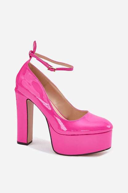 Fuchsia platform pumps met blokhak en 14 cm hak van Sassymania – hoge imitatieleren hakken voor dames