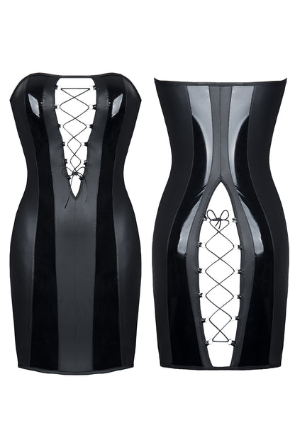 Kinky eco-leather strapless mini dress with lace-up closure