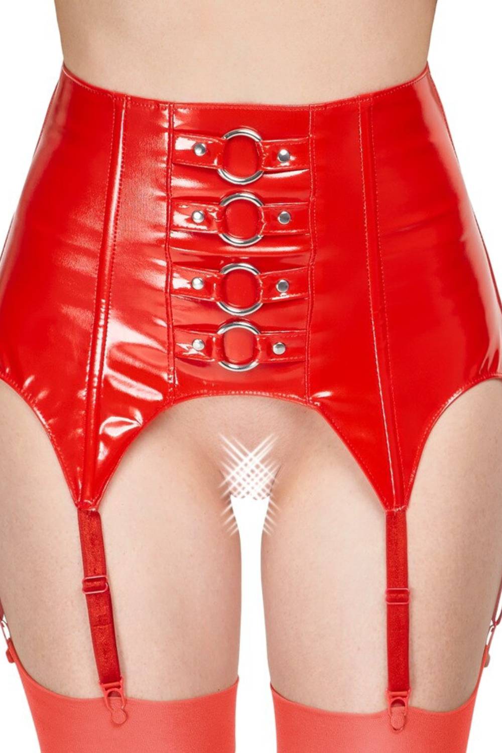 Roter Lack-Strumpfgürtel mit Ringen