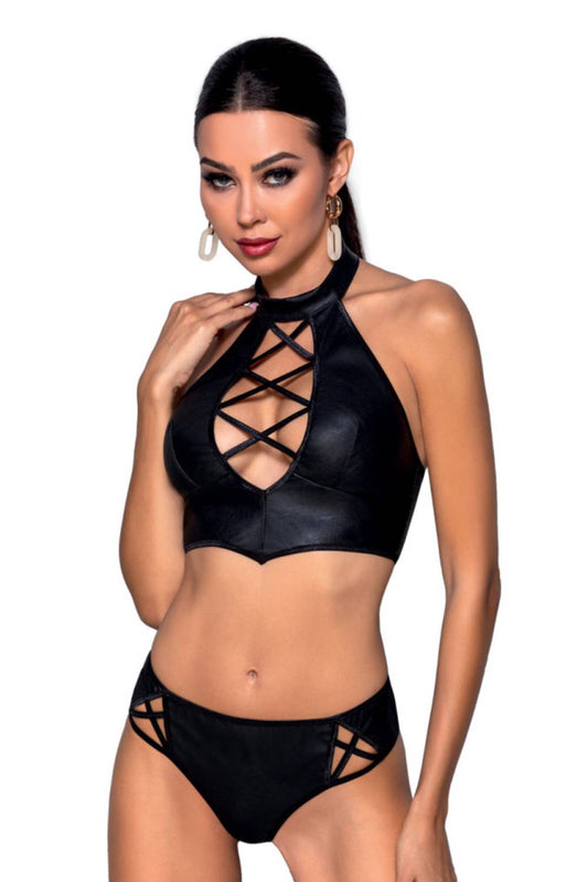 Crop-Top in Lederoptik und hoch taillierter Tanga