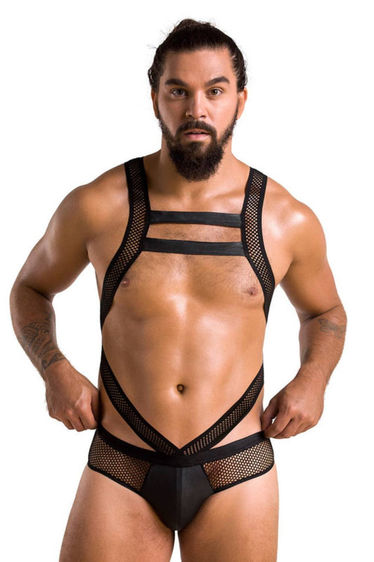 Herren-Bodysuit aus Netzstoff und Lederoptik