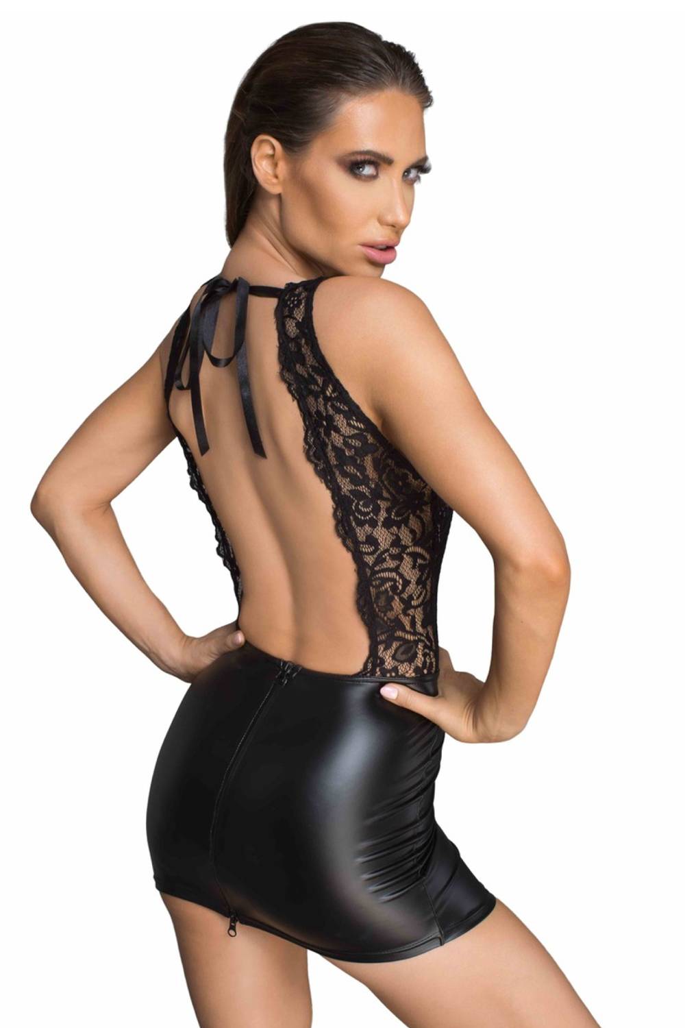 Rebellious power wetlook dress with a deep neckline