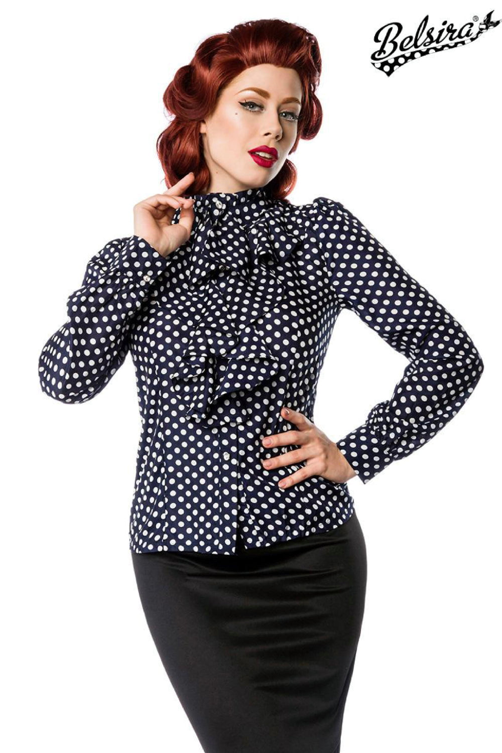 Vintage blouse with ruffles navy-white