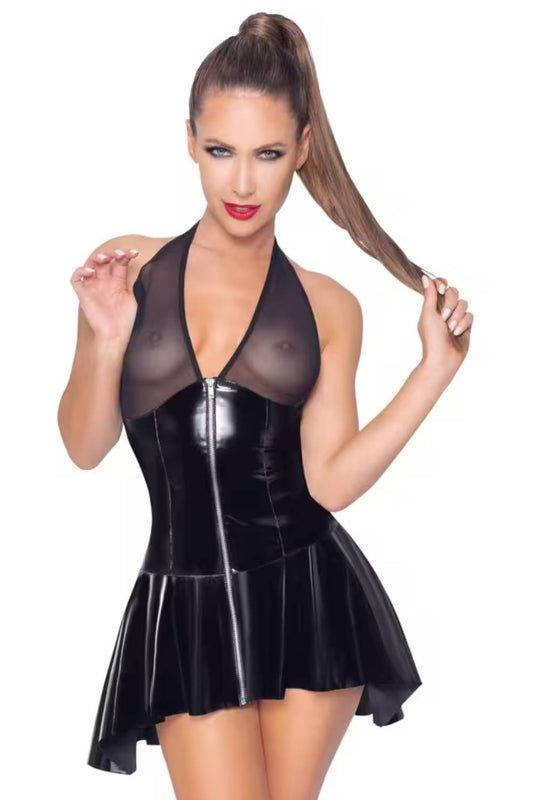 Mini-Neckholderkleid aus Netzstoff und Lack
