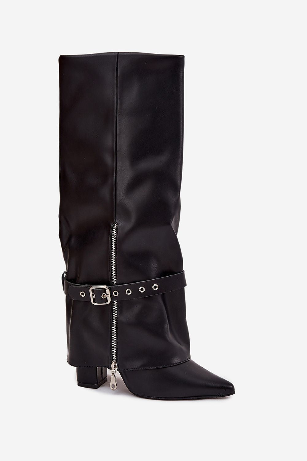 Zwarte dameslaarzen van imitatieleer met rits en riem – elegante Noir Riemlaarzen met spitse neus en hak.