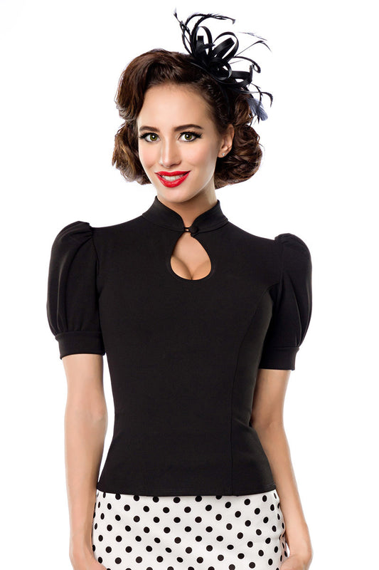 Retro keyhole top with puff sleeves in black