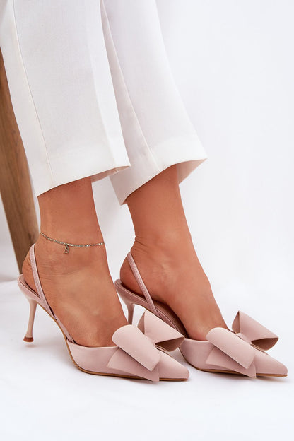 Roze open hiel pumps met strik en 8 cm hak van Sassymania – elegante satijnen naaldhakken voor dames