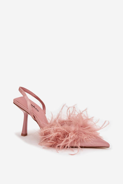 Roze open hiel pumps met veren en 8,5 cm hak van Sassymania – elegante dameshakken met puntige neus
