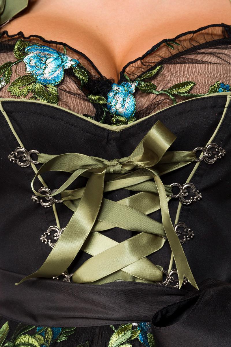 Sexy dirndl met bloemen borduurwerk zwart-groen
