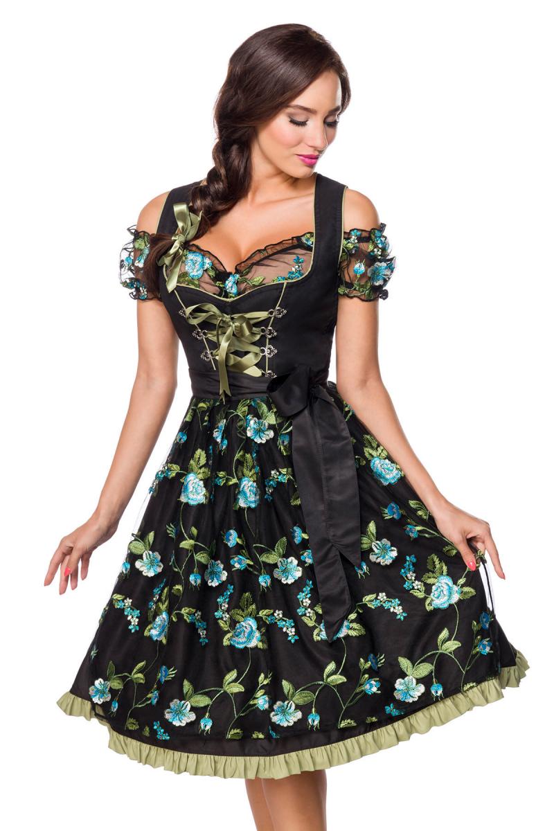Sexy dirndl met bloemen borduurwerk zwart-groen