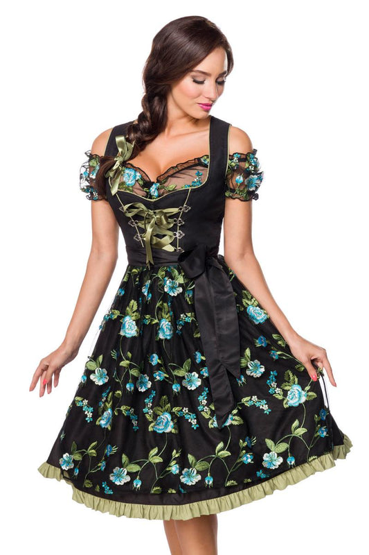 Sexy dirndl met bloemen borduurwerk zwart-groen
