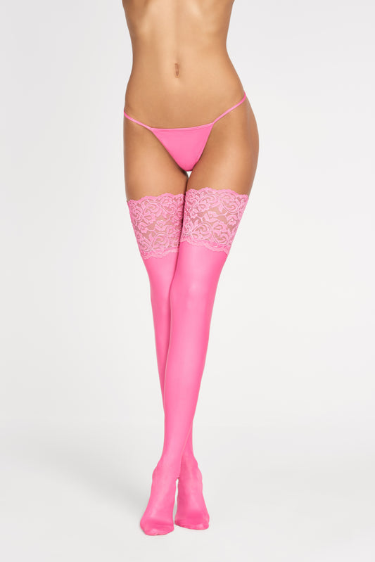 Sexy Wetlook-Strümpfe in Pink mit Spitze