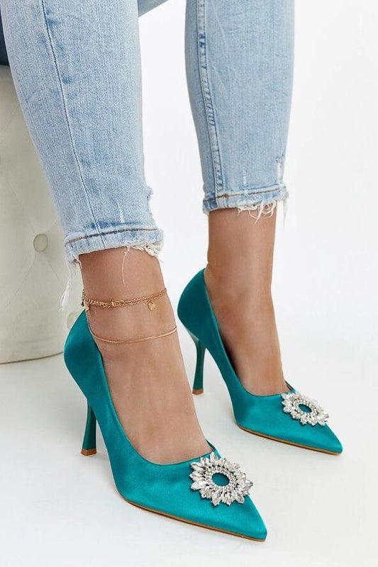 Turquoise satijnen pumps met zirkonia en 8,5 cm hak van Sassymania – elegante naaldhakken voor dames