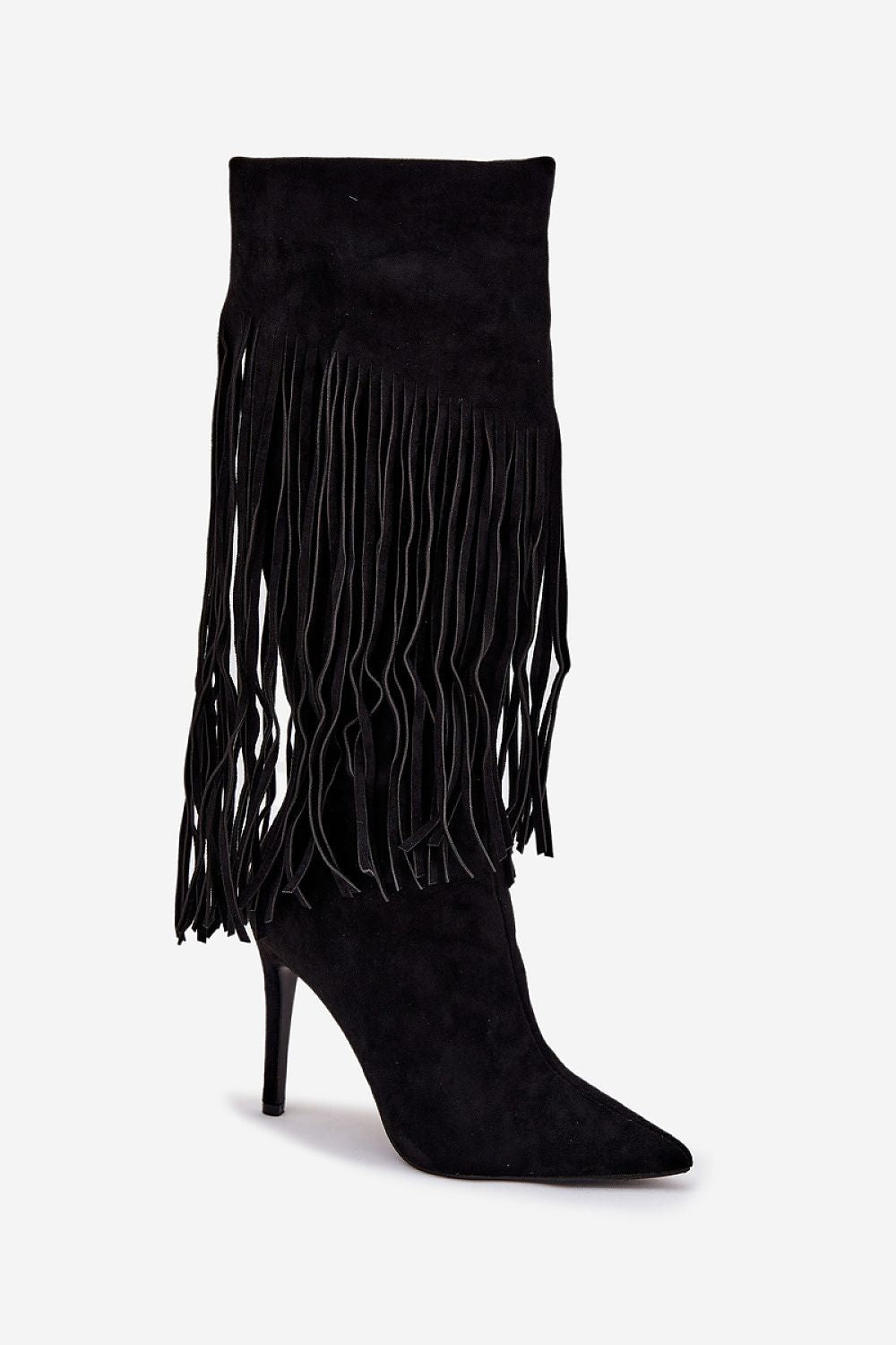 Zwarte dameslaarzen van imitatiesuède met franjes en slanke hak – elegante boho laarzen met spitse neus.