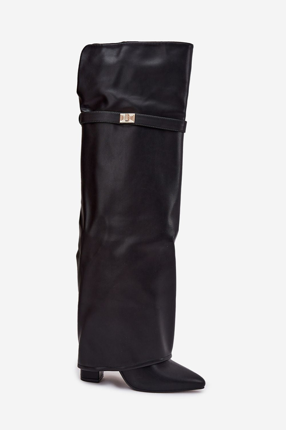 Zwarte dameslaarzen van imitatieleer met omgeslagen schacht en goudkleurig detail – elegante hoge laarzen met spitse neus en hak.