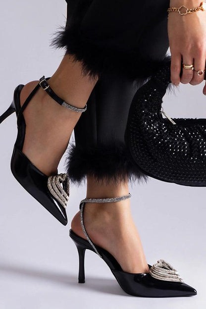 Zwarte Sassymania slingback pumps van imitatieleer met zirkonia-details, open hiel en 7 cm hak.
