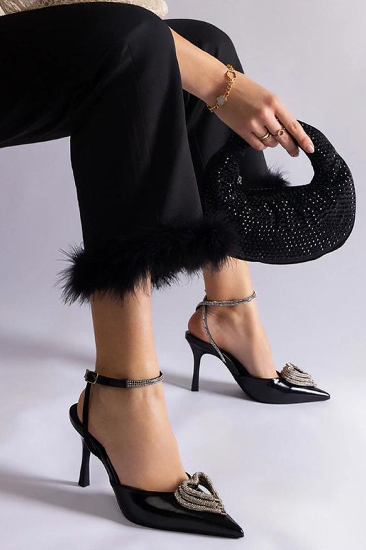 Zwarte Sassymania slingback pumps van imitatieleer met zirkonia-details, open hiel en 7 cm hak.
