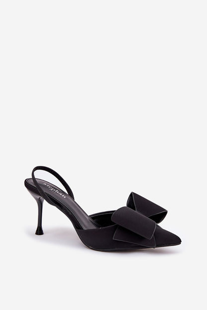 Zwarte open hiel pumps met strik en 8 cm hak van Sassymania – elegante satijnen naaldhakken voor dames