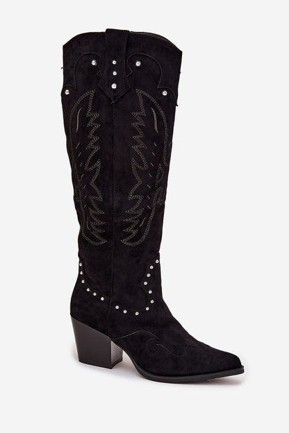 Zwarte suède cowboylaarzen met studs en stiksels van Sassymania – trendy western laarzen voor dames