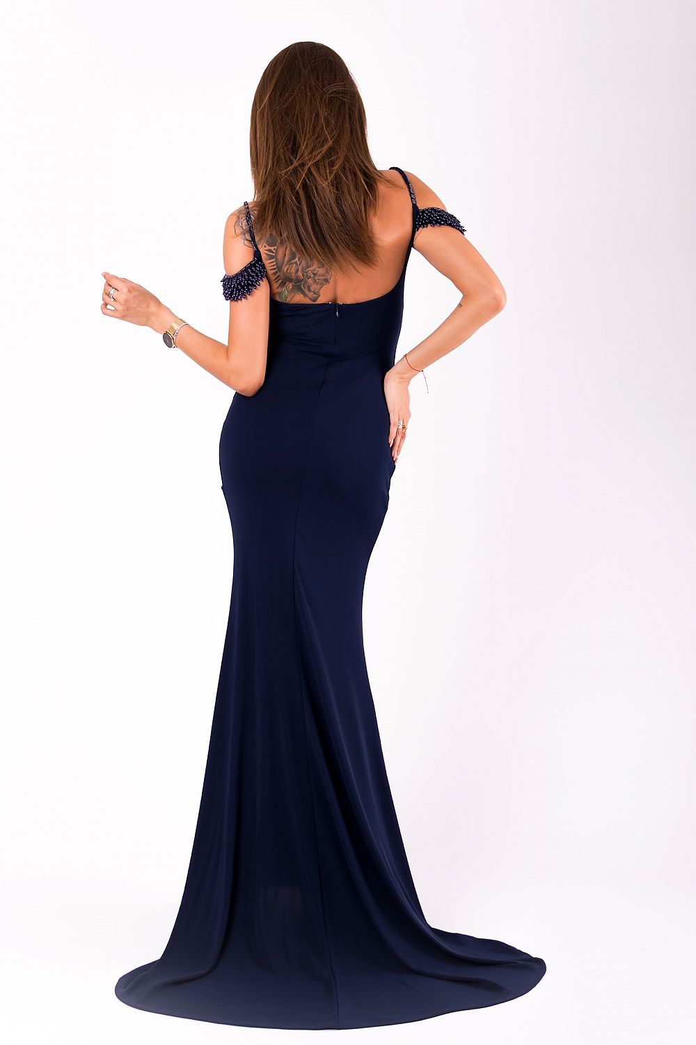 Maxi gala dress with pearl details navy