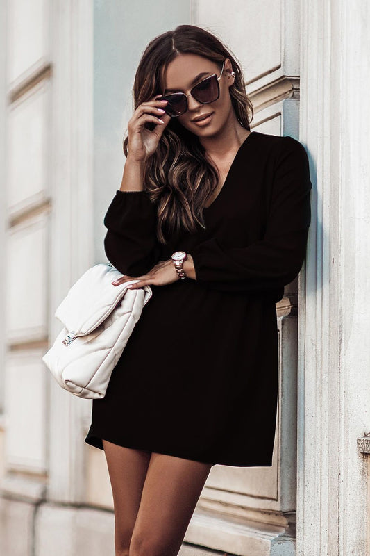 Mini blouse dress with V-neck black