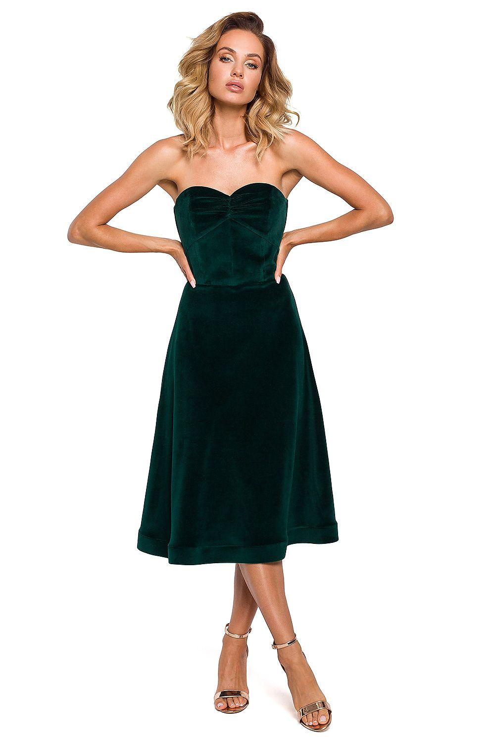 Strapless fluwelen uitlopende midi-jurk