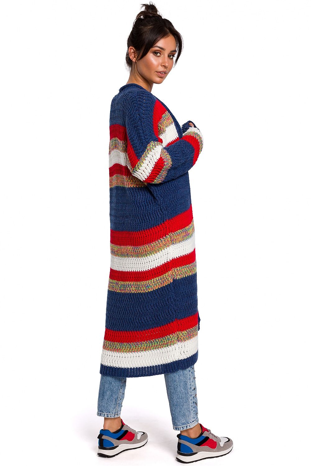 Multicolored long knitted cardigan blue multi