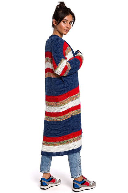 Multicolored long knitted cardigan blue multi