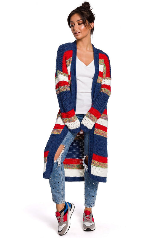 Multicolored long knitted cardigan blue multi