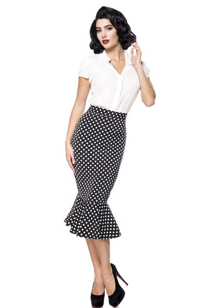 Vintage midi-length pencil skirt in black polka