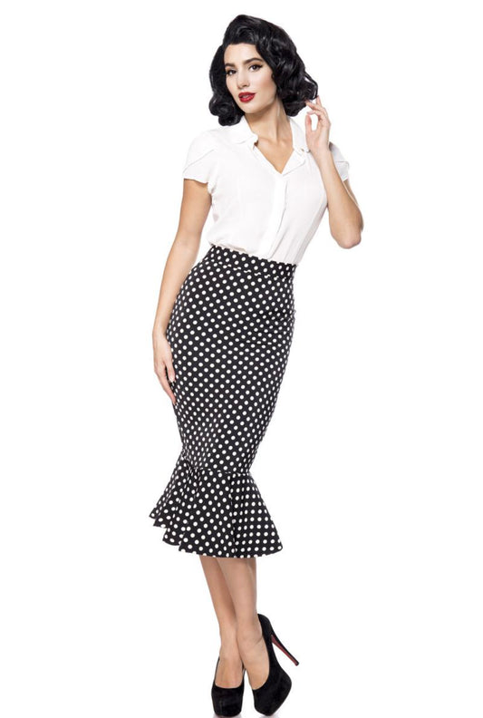 Vintage midi-length pencil skirt in black polka