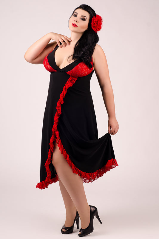 Schwarzes Nachthemd mit roter Spitze