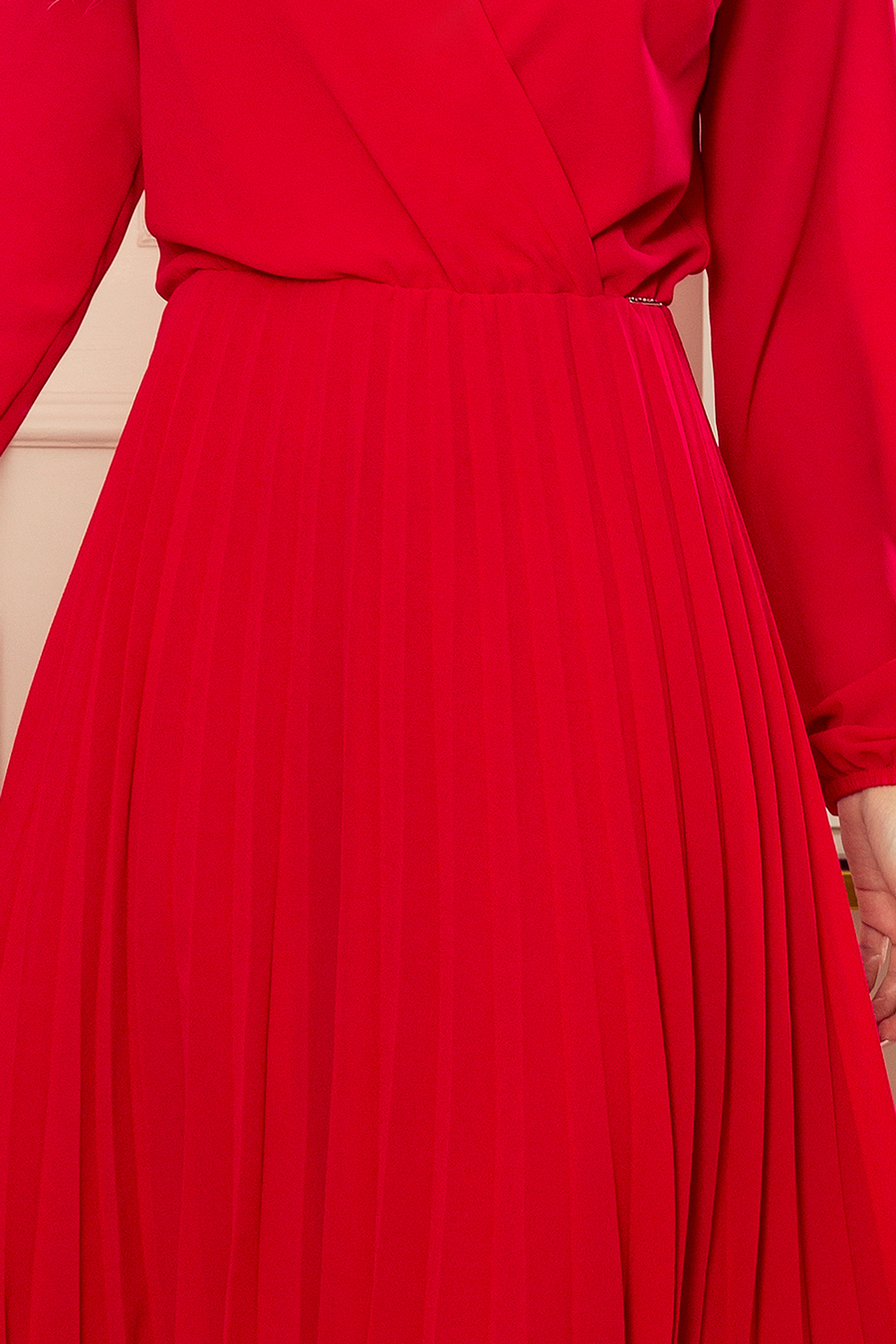 Lange mouwen chiffon geplooide jurk red