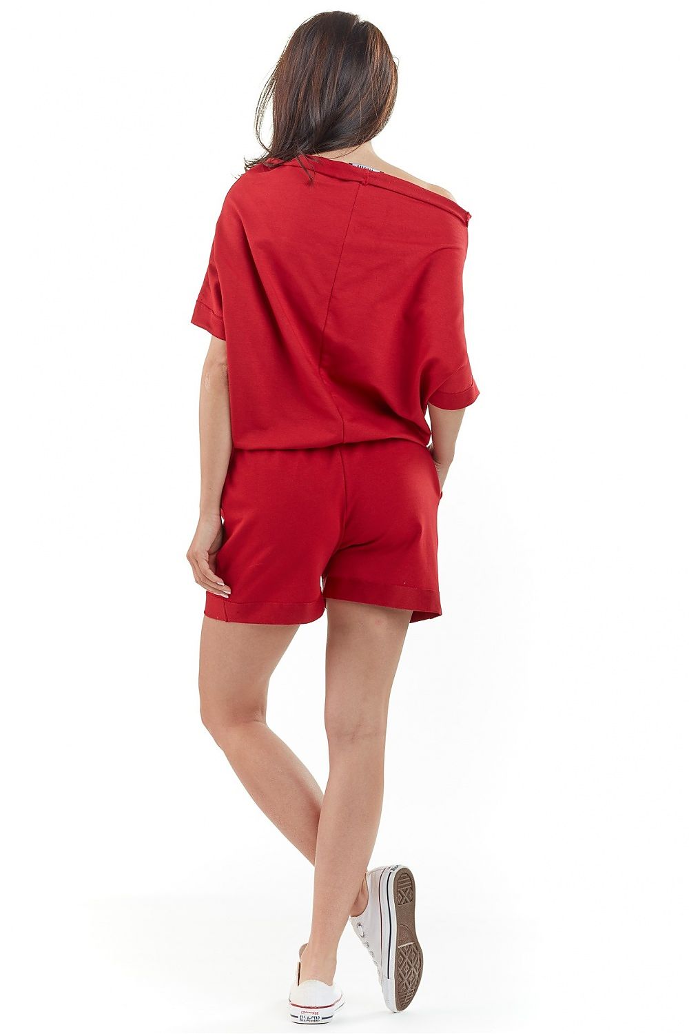 Off shoulder loose-fit playsuit red